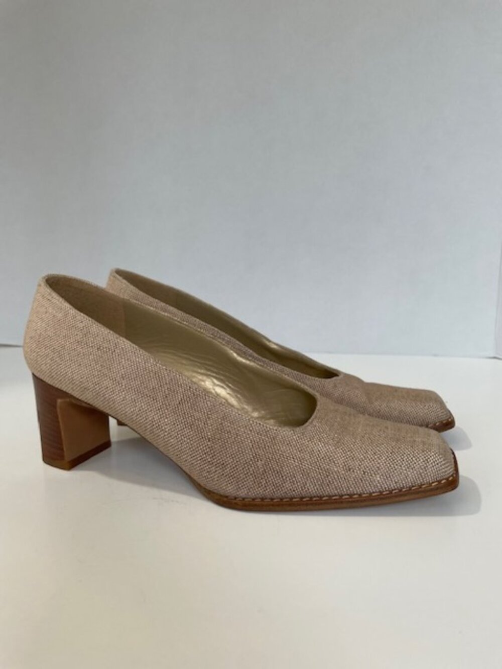 Stuart Weitzman Beige Linen Square Toe Block Heel Pumps Size 6 1/2